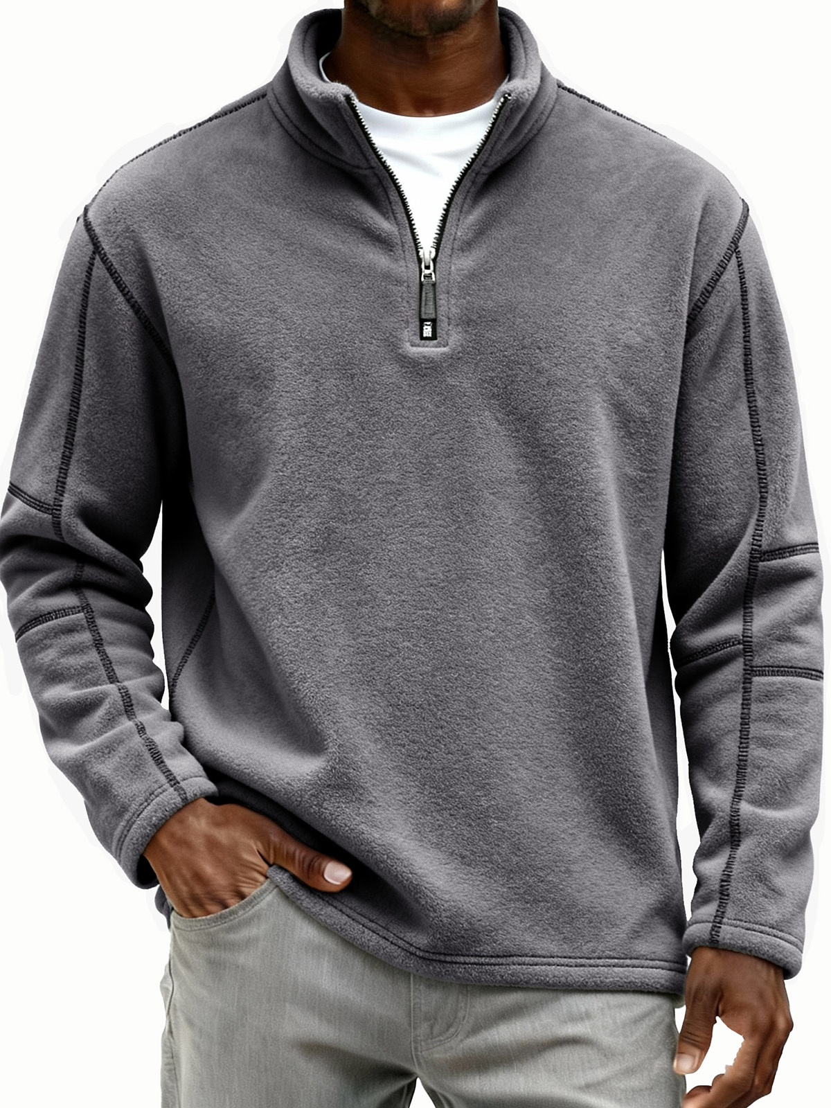 Men's Retro Fashion Lambswool Fabric Stand Collar Zipper Long-Sleeve Polo Shirt