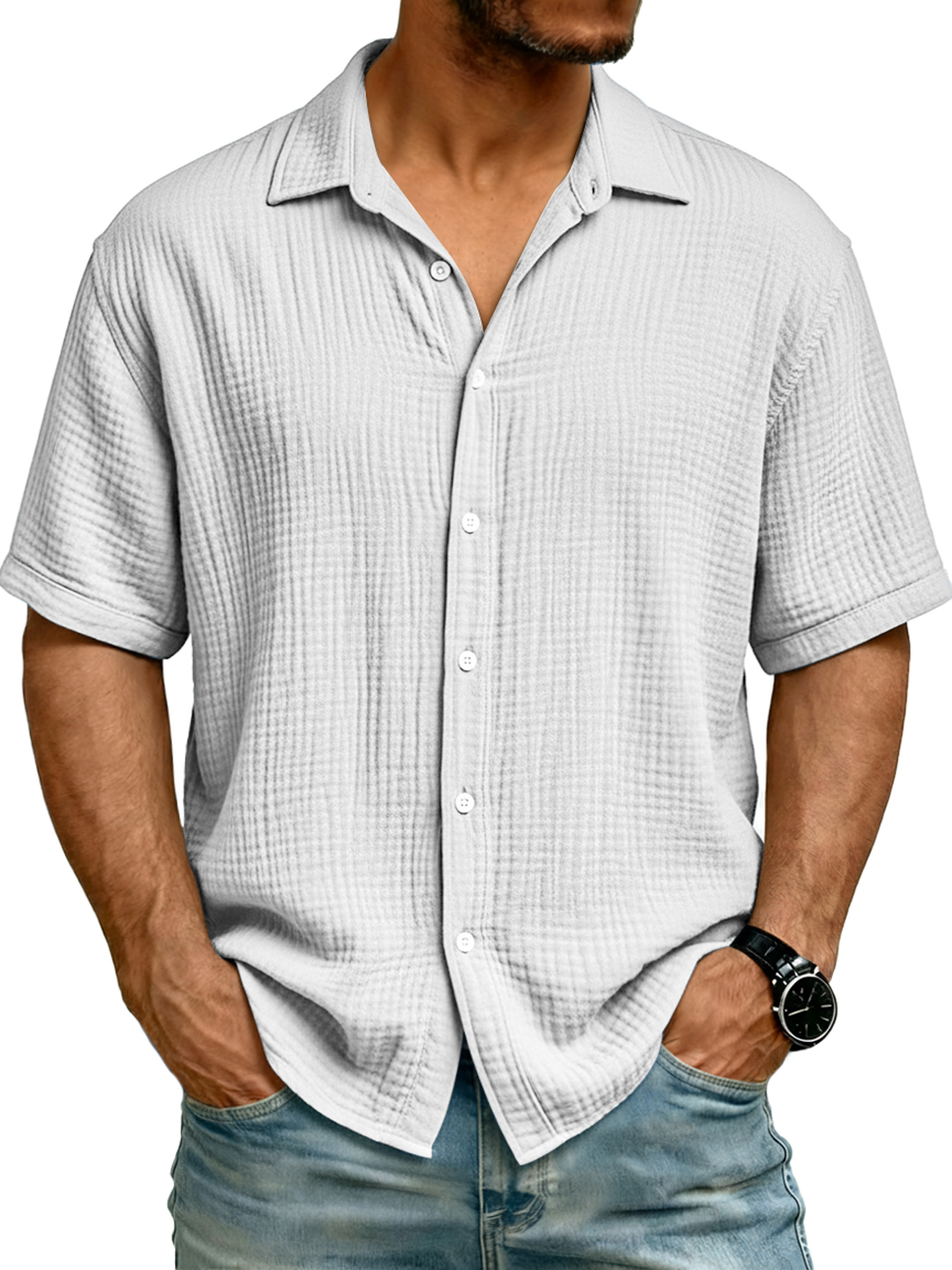 Men's Pure Cotton Comfortable Wrinkled Collar Button Casual Short-sleeved Shirt