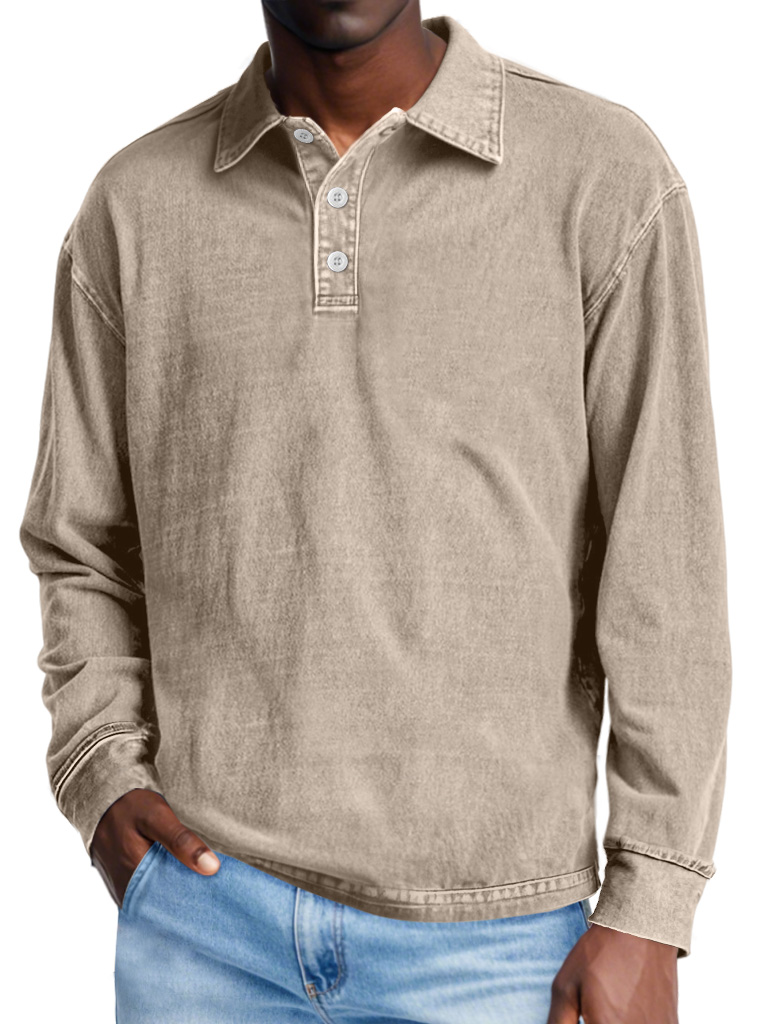 Men's Retro Distressed Lapel Button Casual Solid Color POLO Shirt