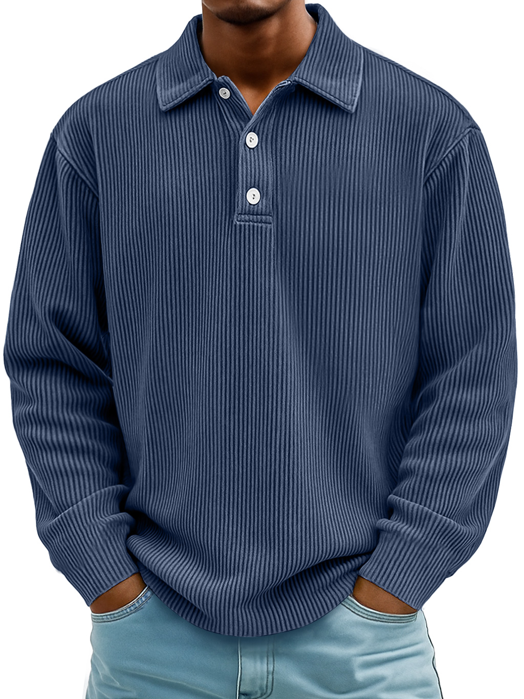 Men's Daily Casual Ribbed Lapel Button-down Loose Long-sleeved Polo Shirt