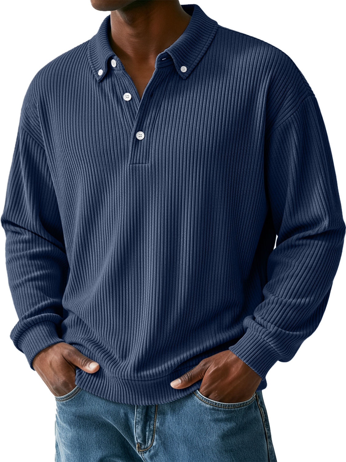 Men's Simple Ribbed Collar Button Casual Long-Sleeve Polo Shirt