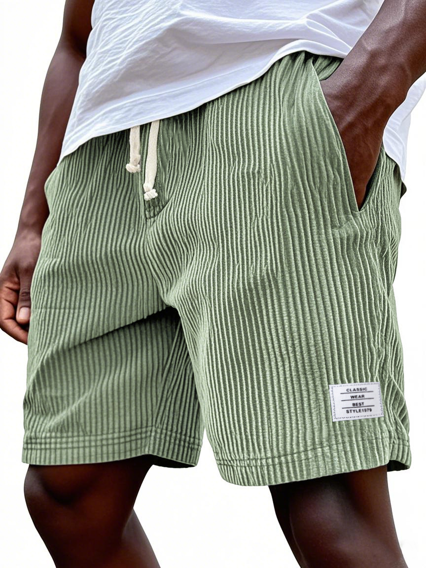 Mens Stylish Ribbed Simple Embroidered Corduroy Loose Lace-up Casual Shorts