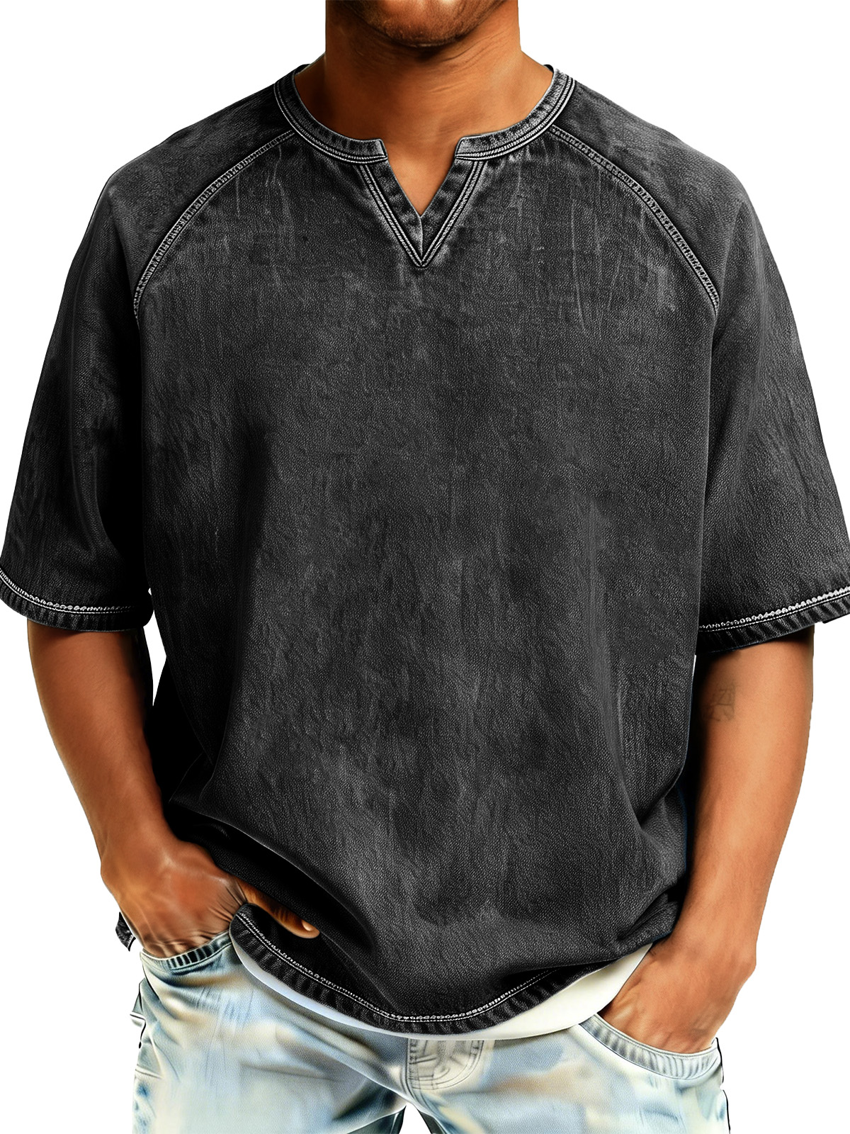 Men's Retro Distressed Raglan V-Neck Short-Sleeve T-Shirt