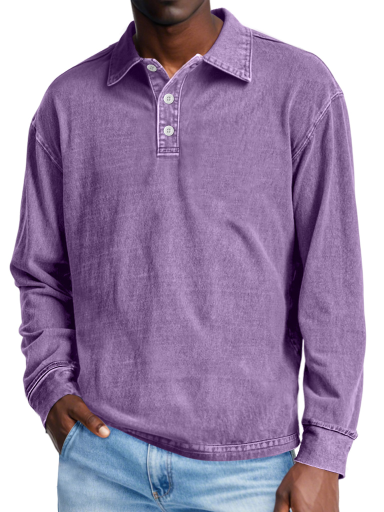 Men's Retro Distressed Lapel Button Casual Solid Color POLO Shirt