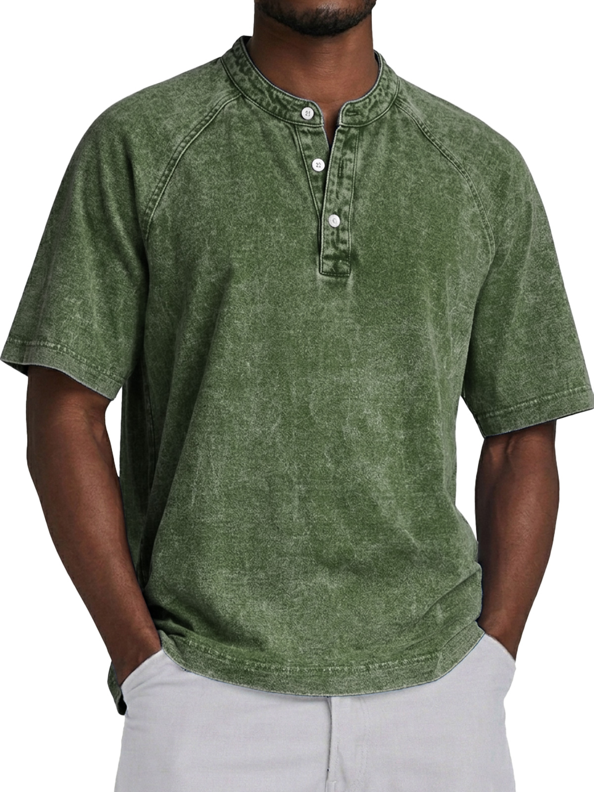 Men's Retro Raglan Collar Button Casual Short Sleeve Henley Shirt