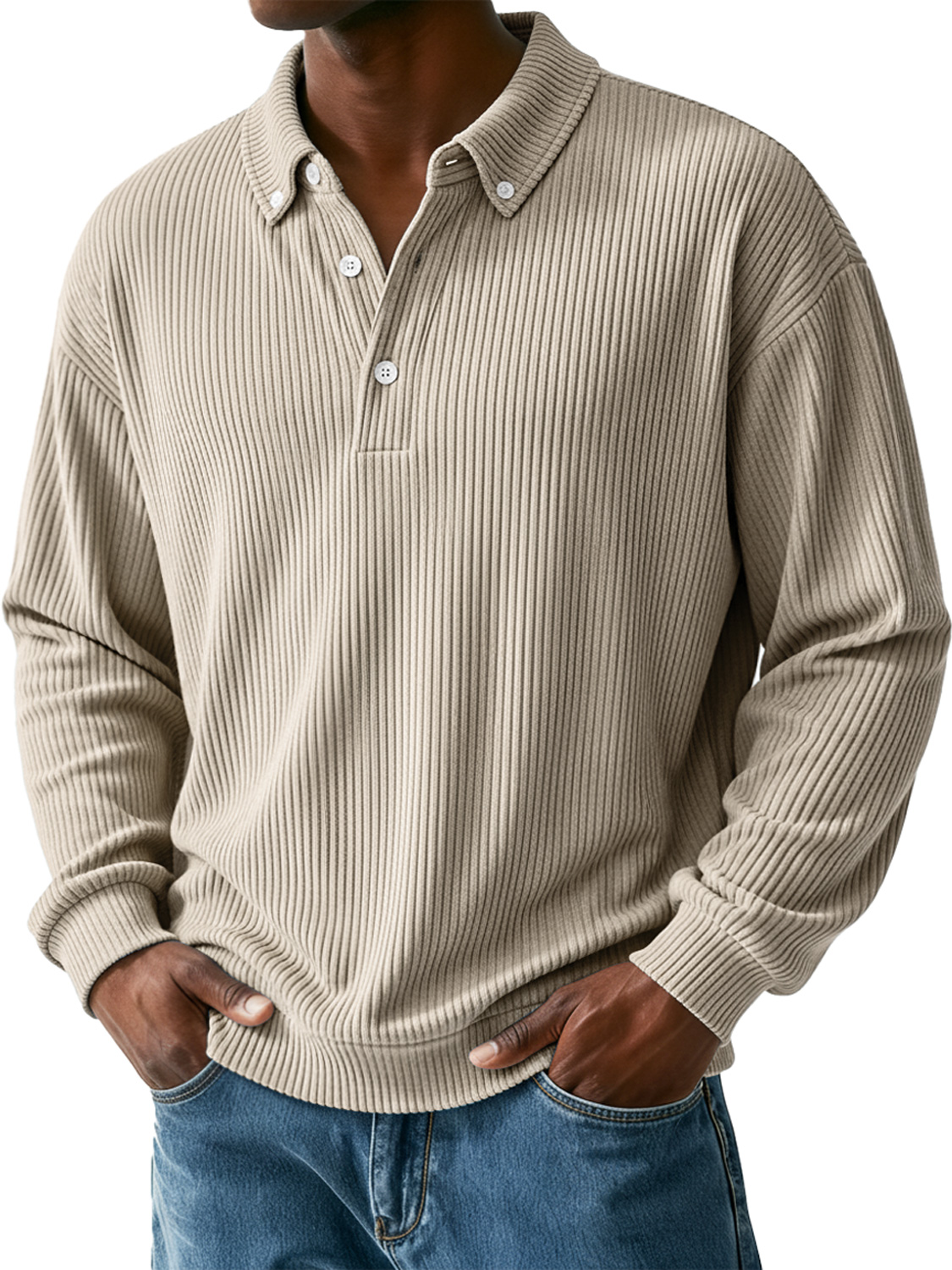 Men's Simple Ribbed Collar Button Casual Long-Sleeve Polo Shirt