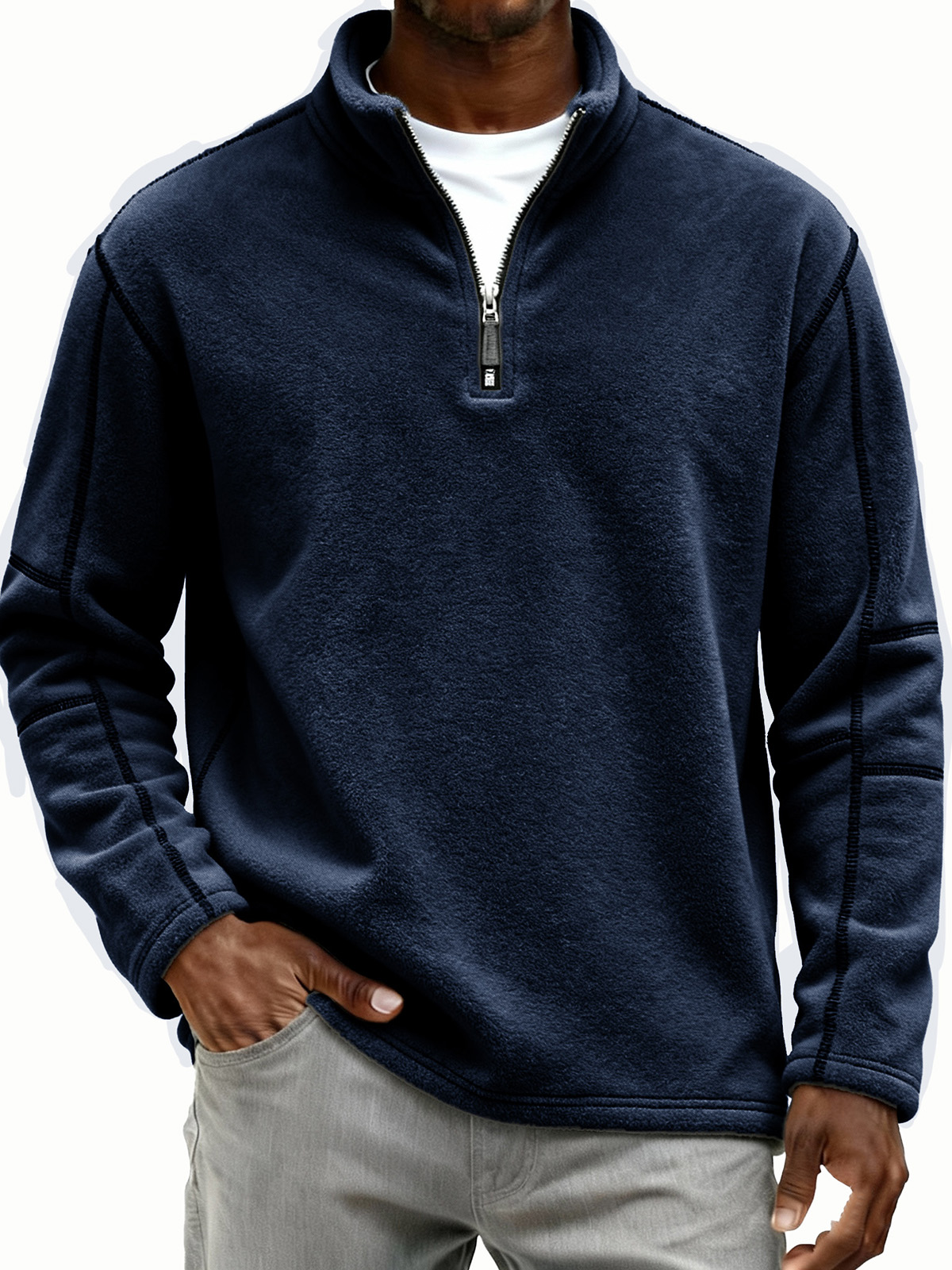 Men's Retro Fashion Lambswool Fabric Stand Collar Zipper Long-Sleeve Polo Shirt