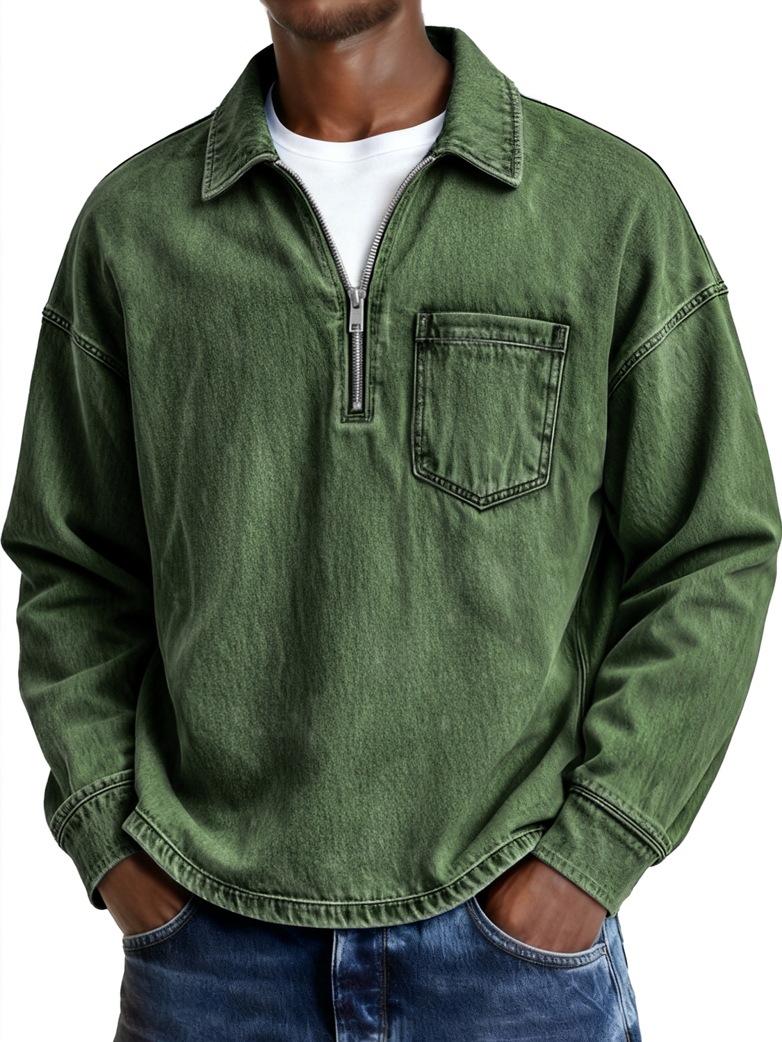 Men's Retro Lapel Zipper Casual Pocket Long-Sleeve Polo Shirt