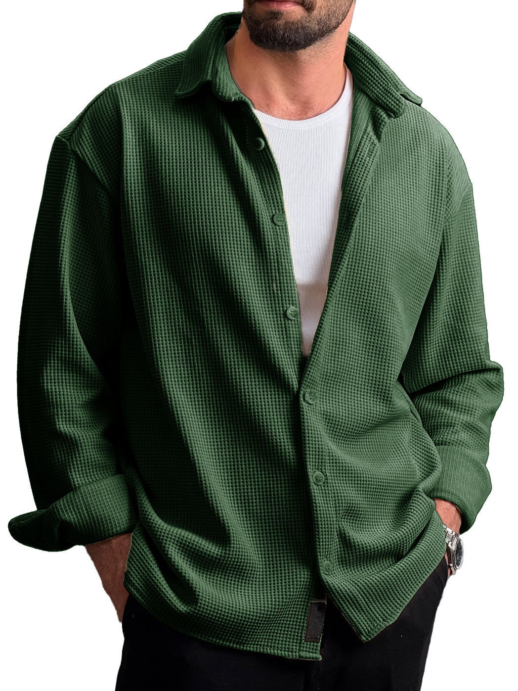 Men's Stylish Everyday Casual Waffle Fabric Lapel Long-sleeved Shirt