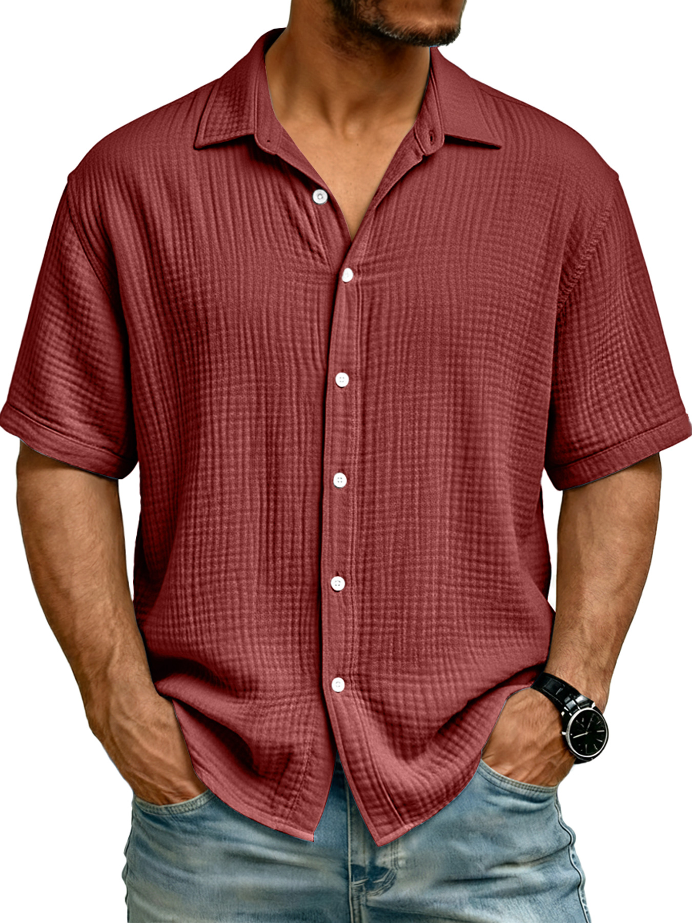 Men's Pure Cotton Comfortable Wrinkled Collar Button Casual Short-sleeved Shirt