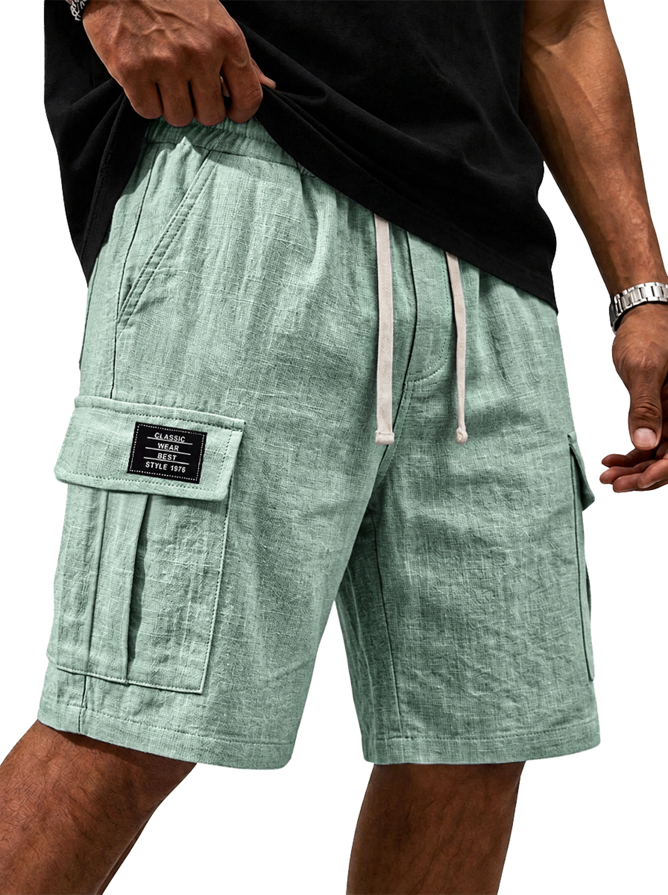 Men's Cotton Linen Embroidered Logo Casual Comfortable Shorts