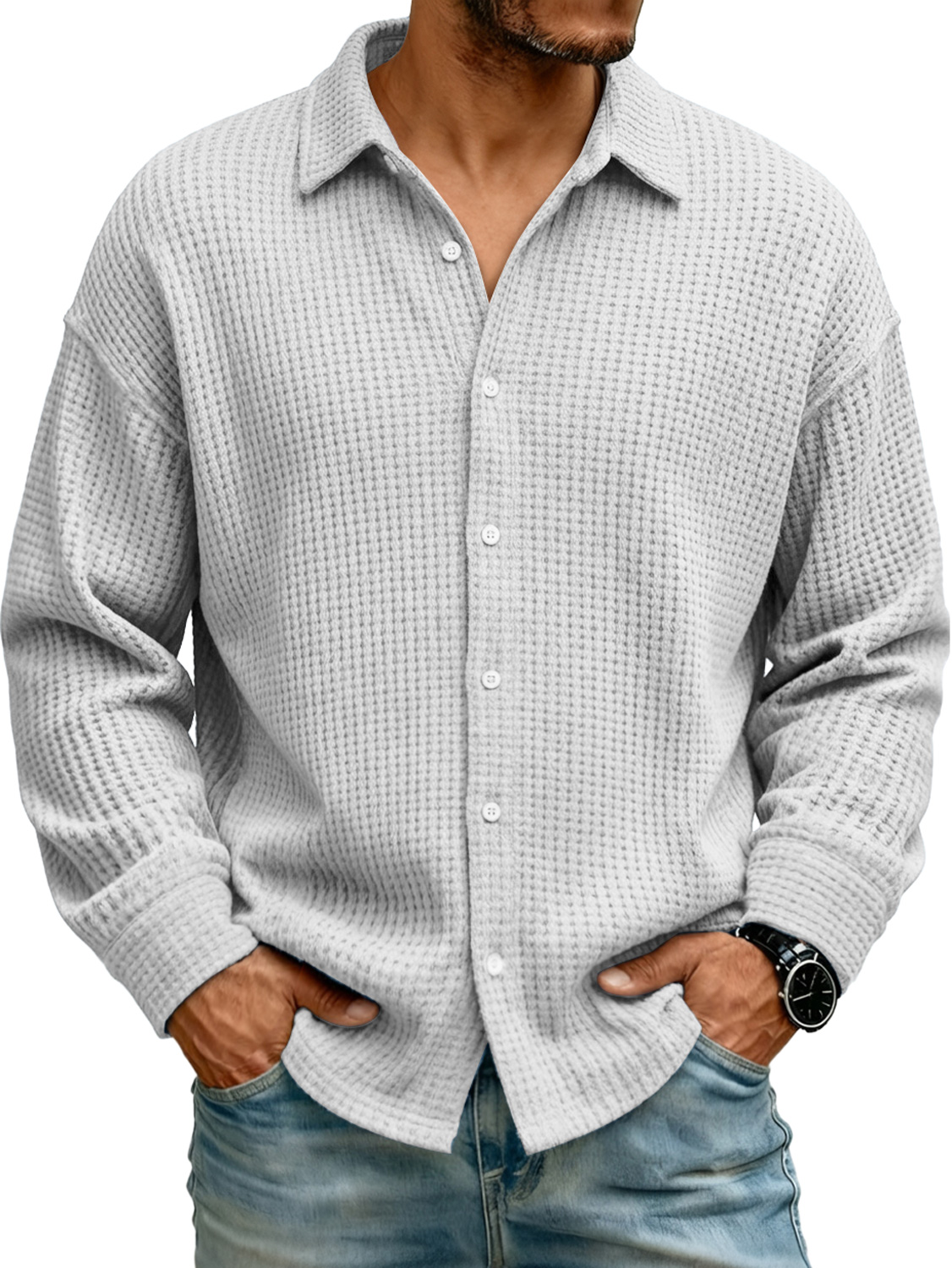Men's Lapel Waffle Knit Casual Solid Color Long-sleeved Shirt