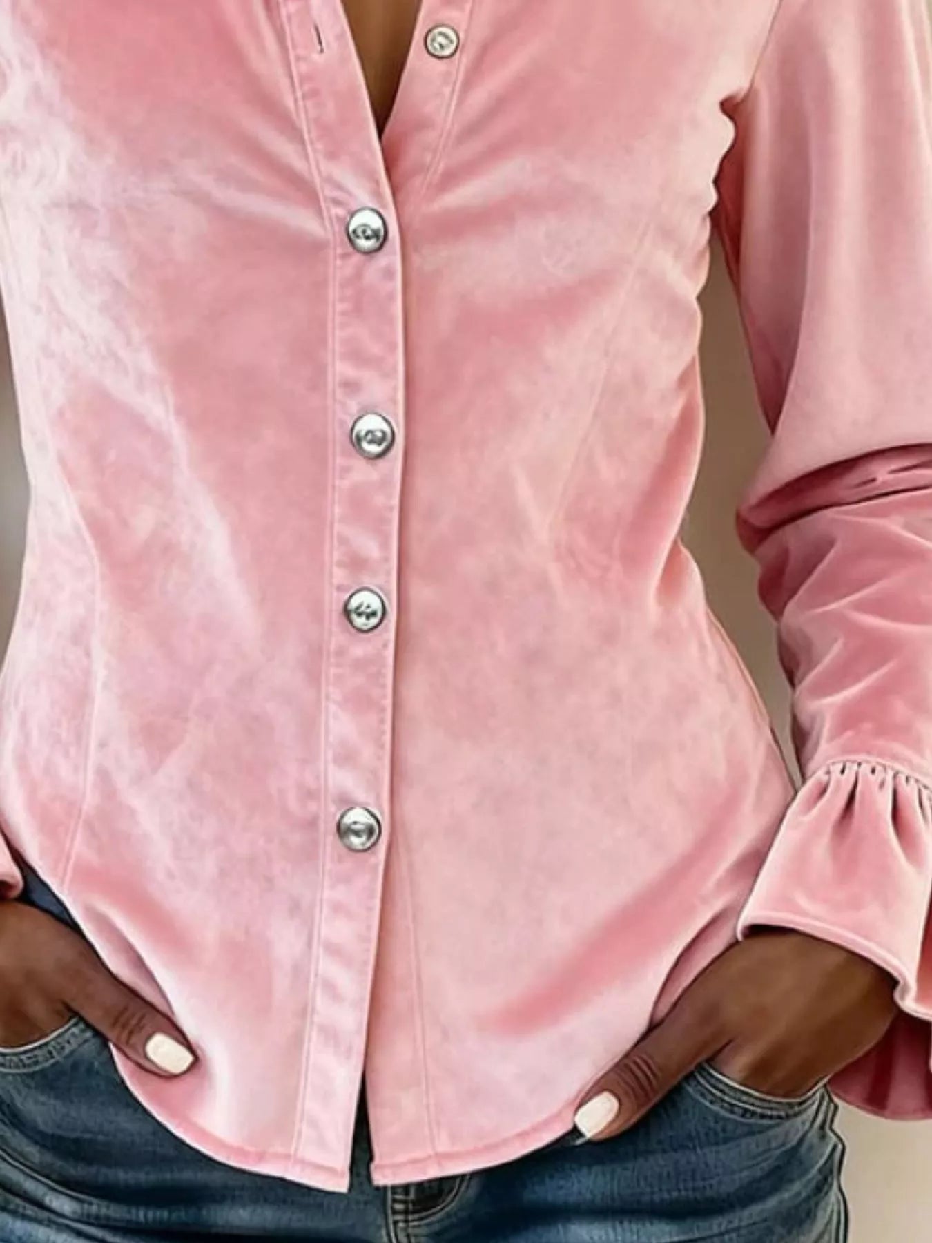 Parisian-Inspired Flounce Sleeve Button-Up Shirt
