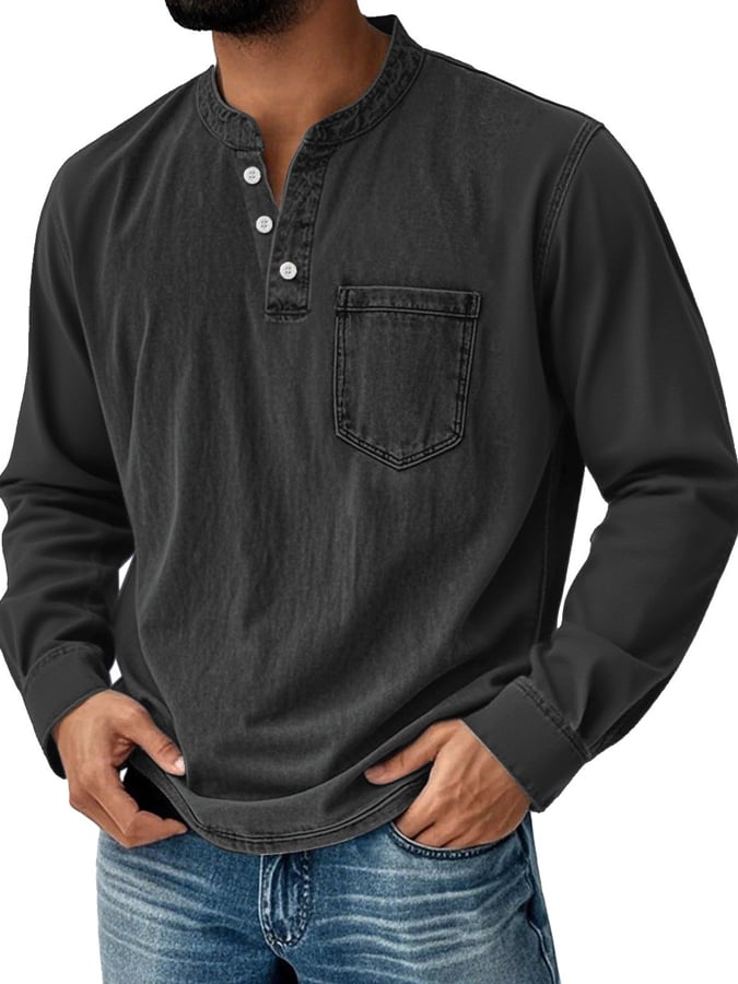 Men's Vintage Basic Washed Distressed Long Sleeve Henley Shirt