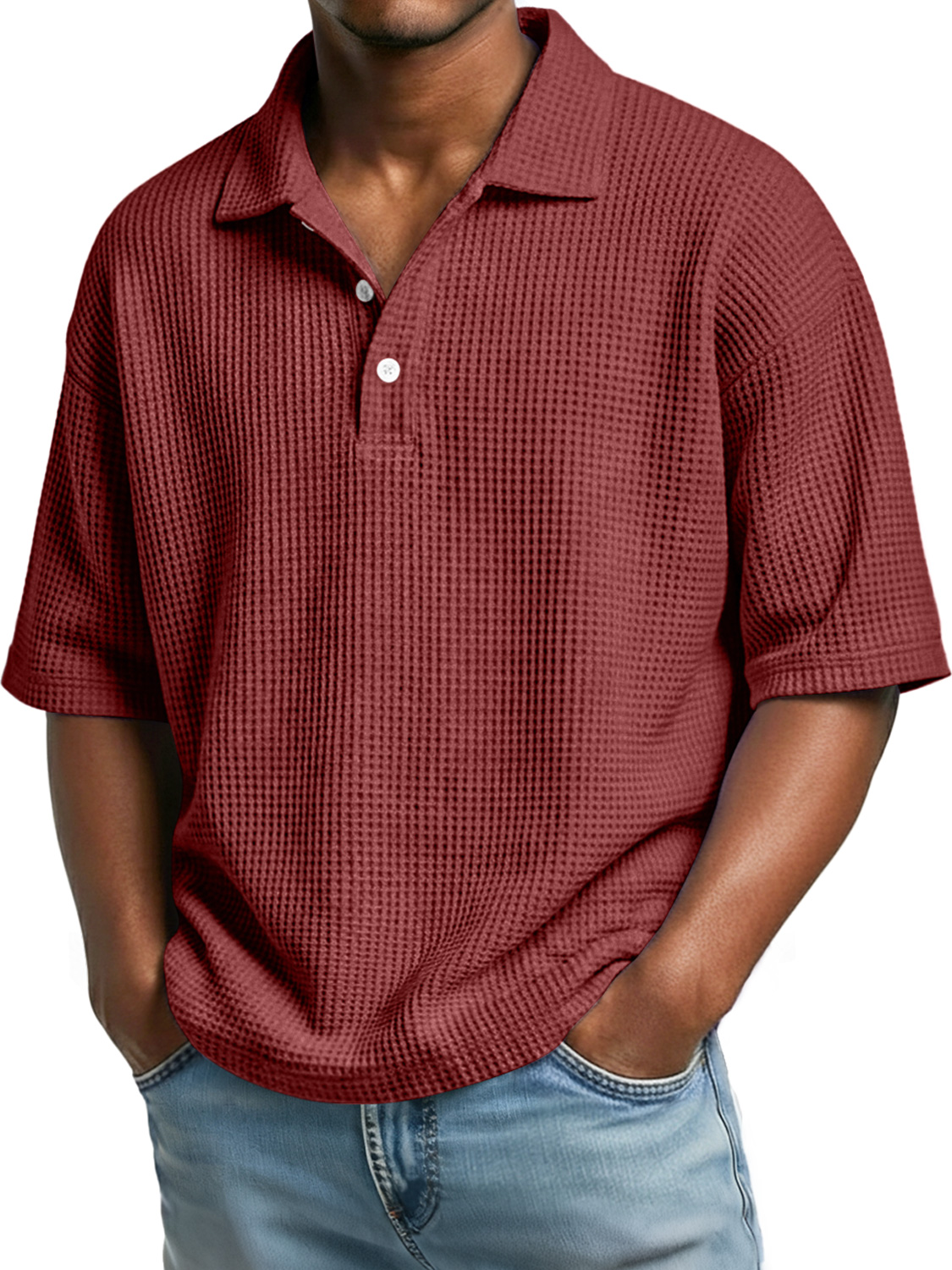 Mens Simple Waffle Knit Collar Button-Up Casual Short Sleeve Polo Shirt