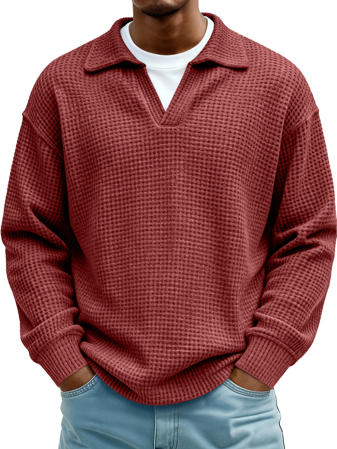 Men's Waffle-knit Faux Two-piece Collared Casual Polo Shirt