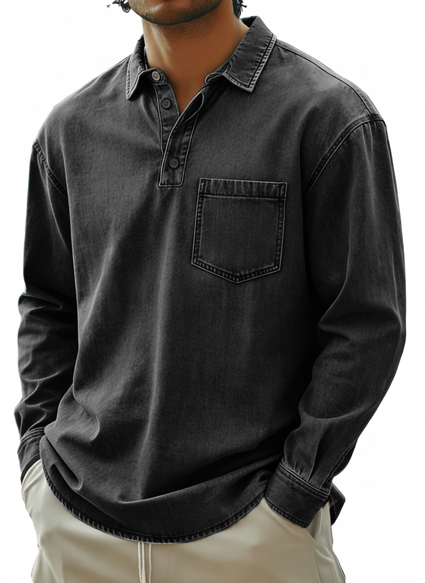 Men's Fashionable Retro Distressed Collared Pocket Long-Sleeved Polo Shirt