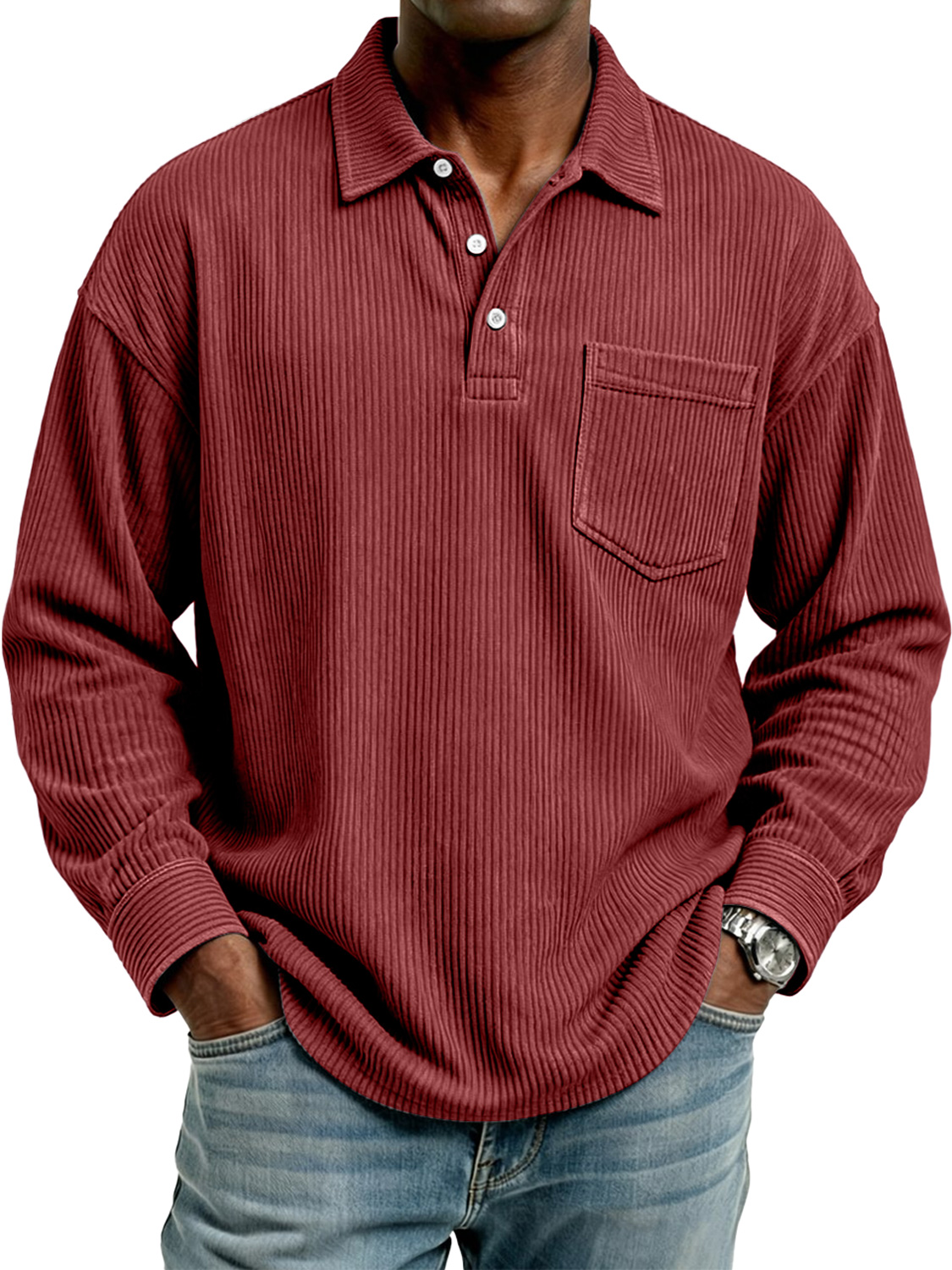 Men's Retro Corduroy Lapel Button Casual Pocket Long-Sleeve Polo Shirt
