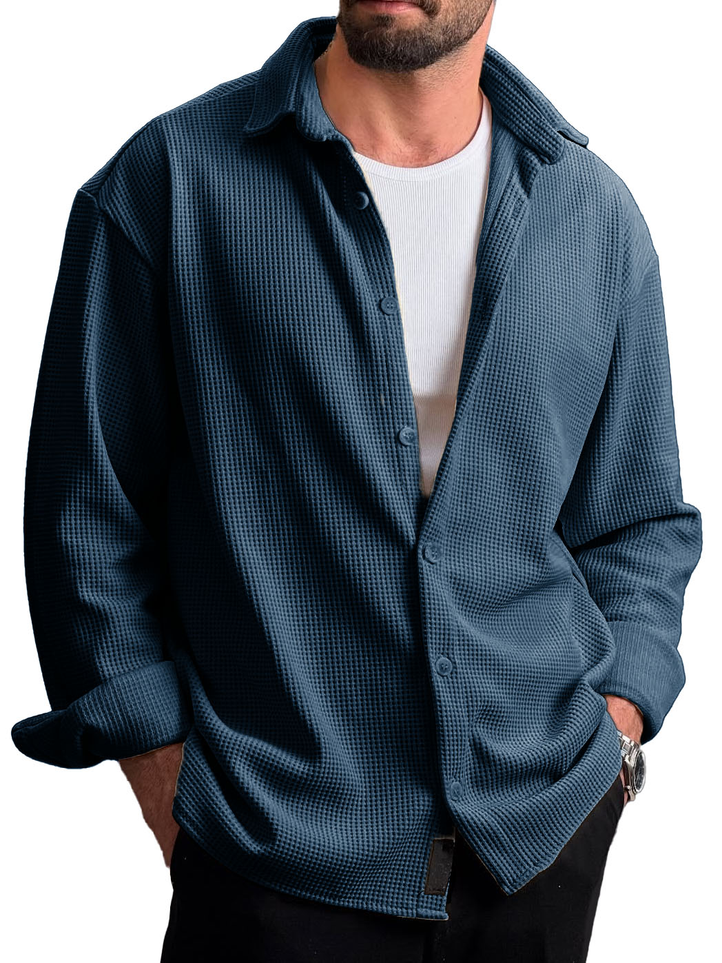 Men's Stylish Everyday Casual Waffle Fabric Lapel Long-sleeved Shirt