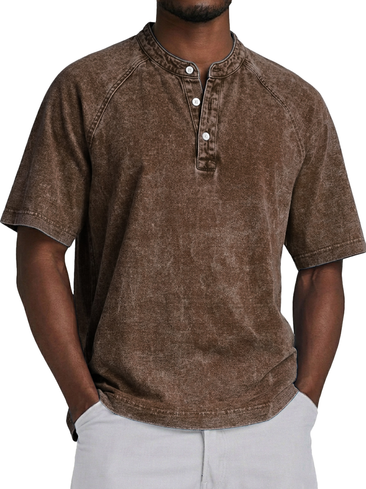 Men's Retro Raglan Collar Button Casual Short Sleeve Henley Shirt