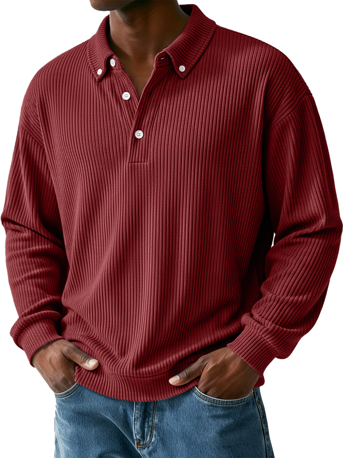 Men's Simple Ribbed Collar Button Casual Long-Sleeve Polo Shirt