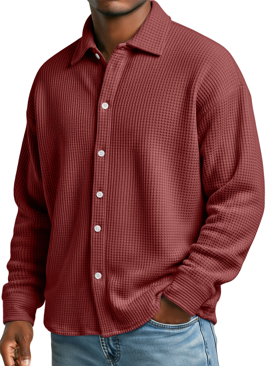 Men's Simple Waffle Texture Casual Loose Long-sleeved Shirt