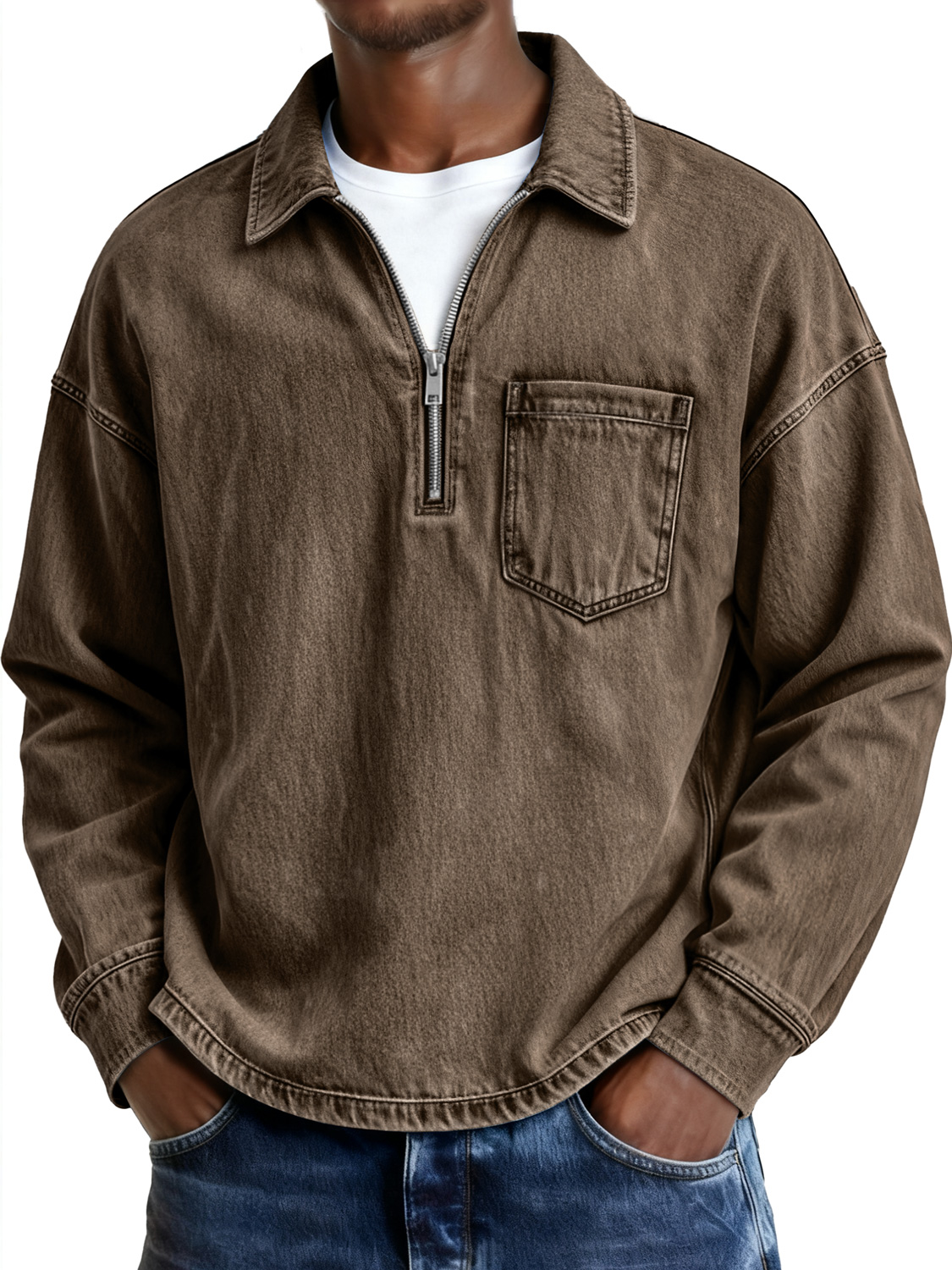 Men's Retro Lapel Zipper Casual Pocket Long-Sleeve Polo Shirt