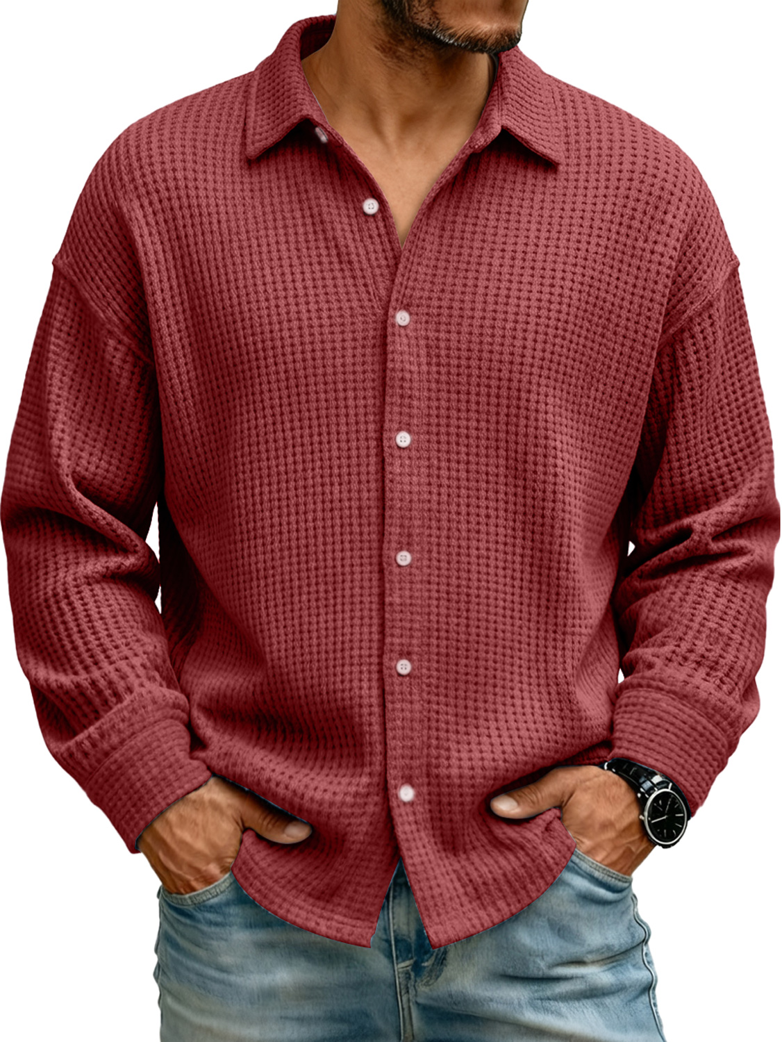 Men's Lapel Waffle Knit Casual Solid Color Long-sleeved Shirt