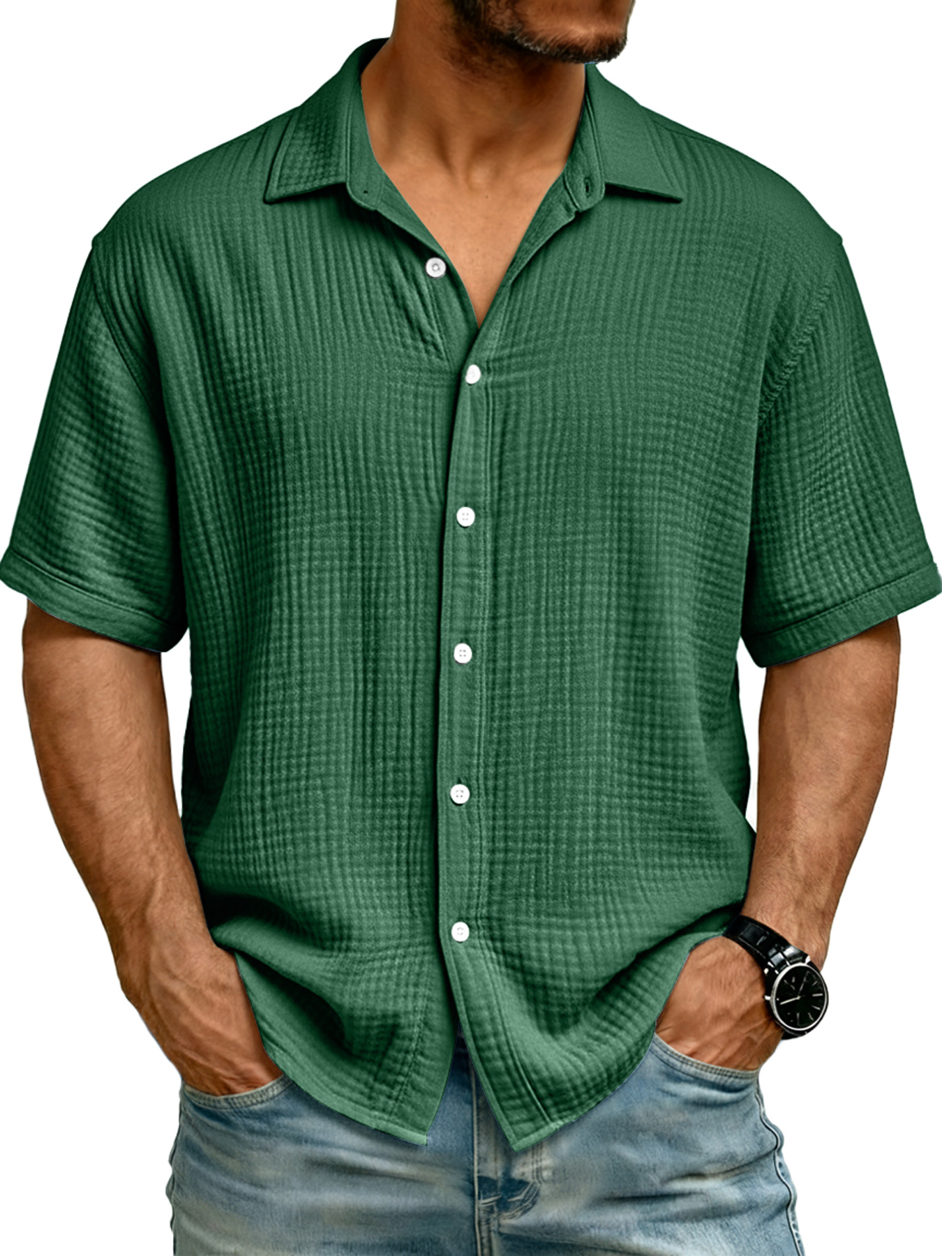 Men's Pure Cotton Comfortable Wrinkled Collar Button Casual Short-sleeved Shirt