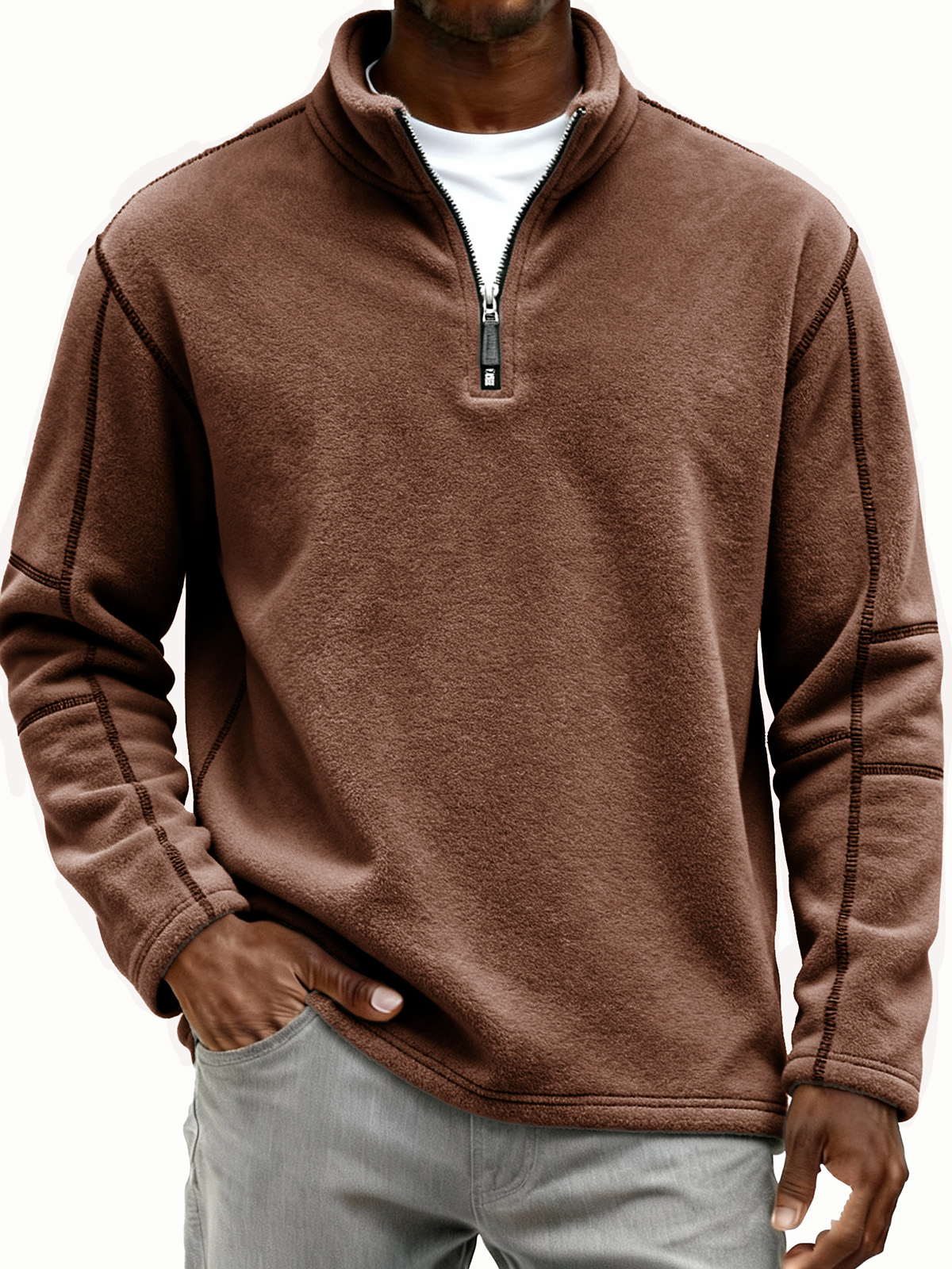 Men's Retro Fashion Lambswool Fabric Stand Collar Zipper Long-Sleeve Polo Shirt