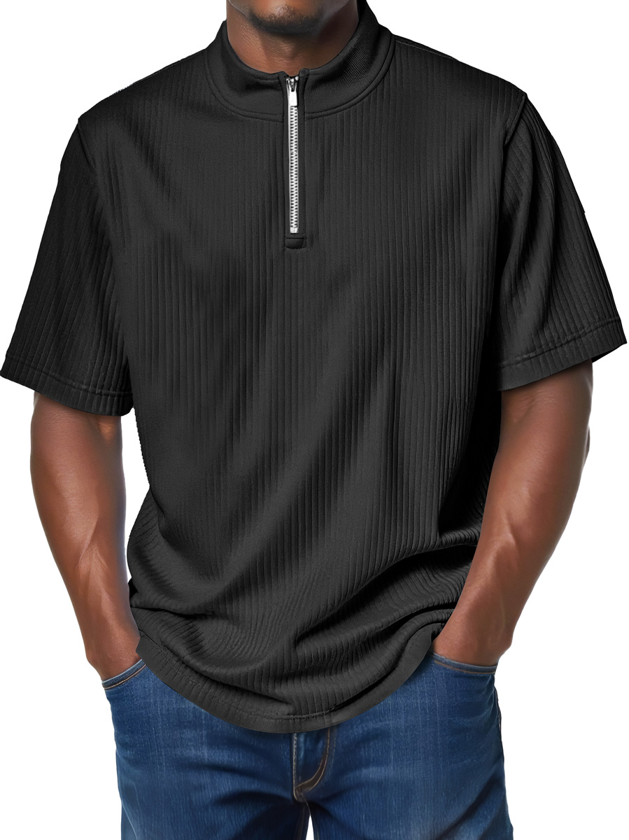 Men's Fashion Stand Collar Zipper Ribbed Texture Casual Comfort Short Sleeve T-shirt