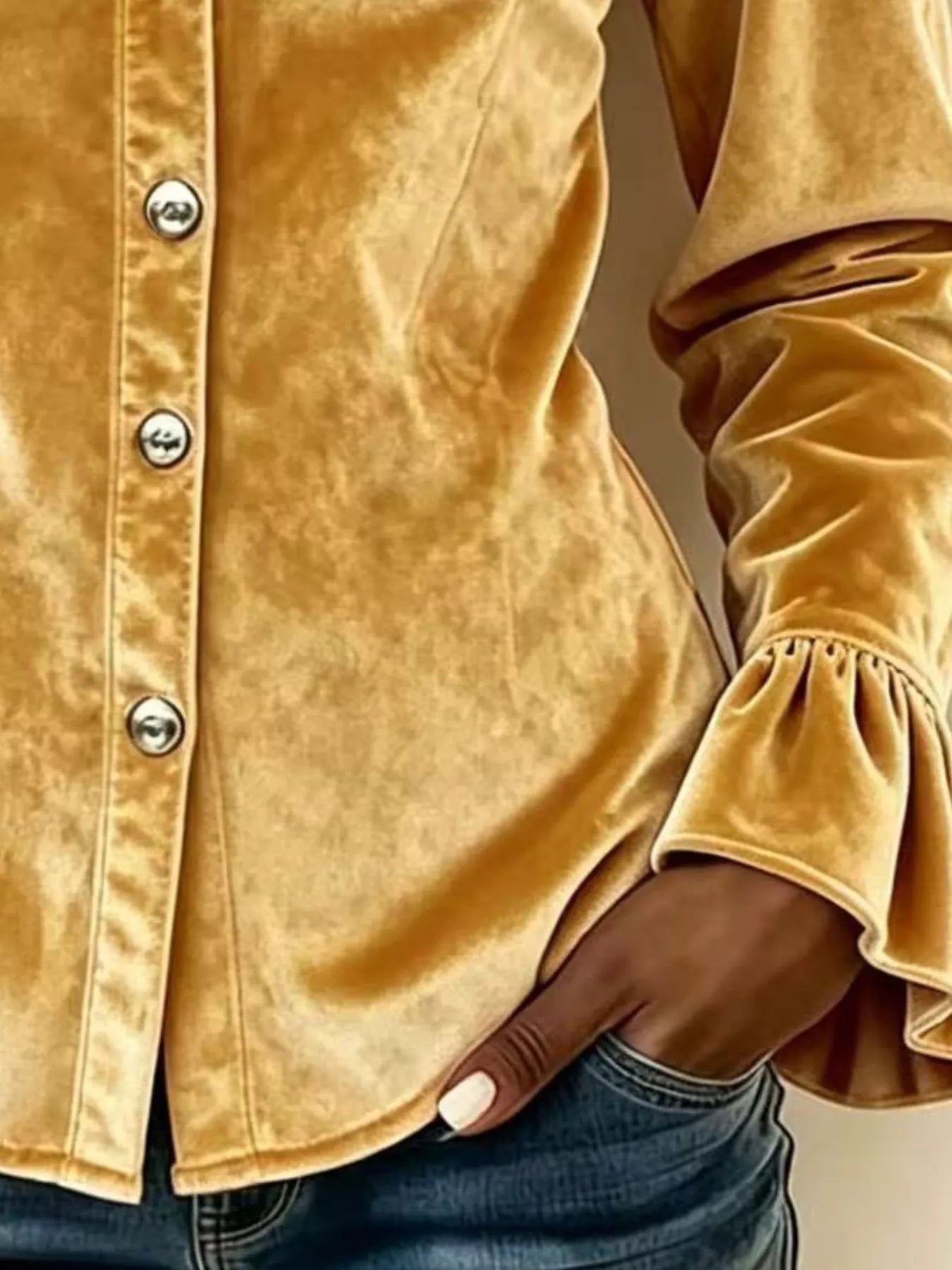 Parisian-Inspired Flounce Sleeve Button-Up Shirt