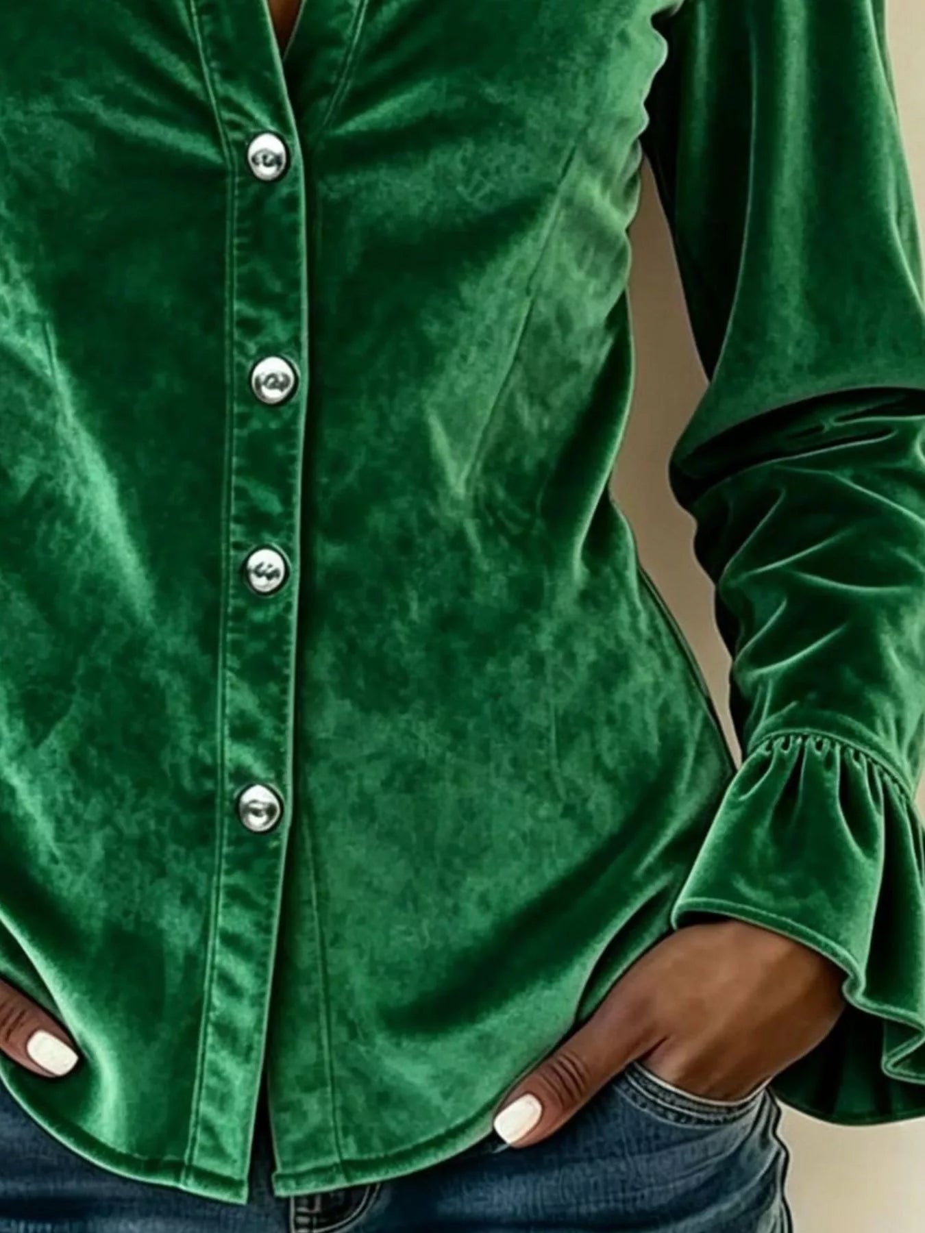 Parisian-Inspired Flounce Sleeve Button-Up Shirt