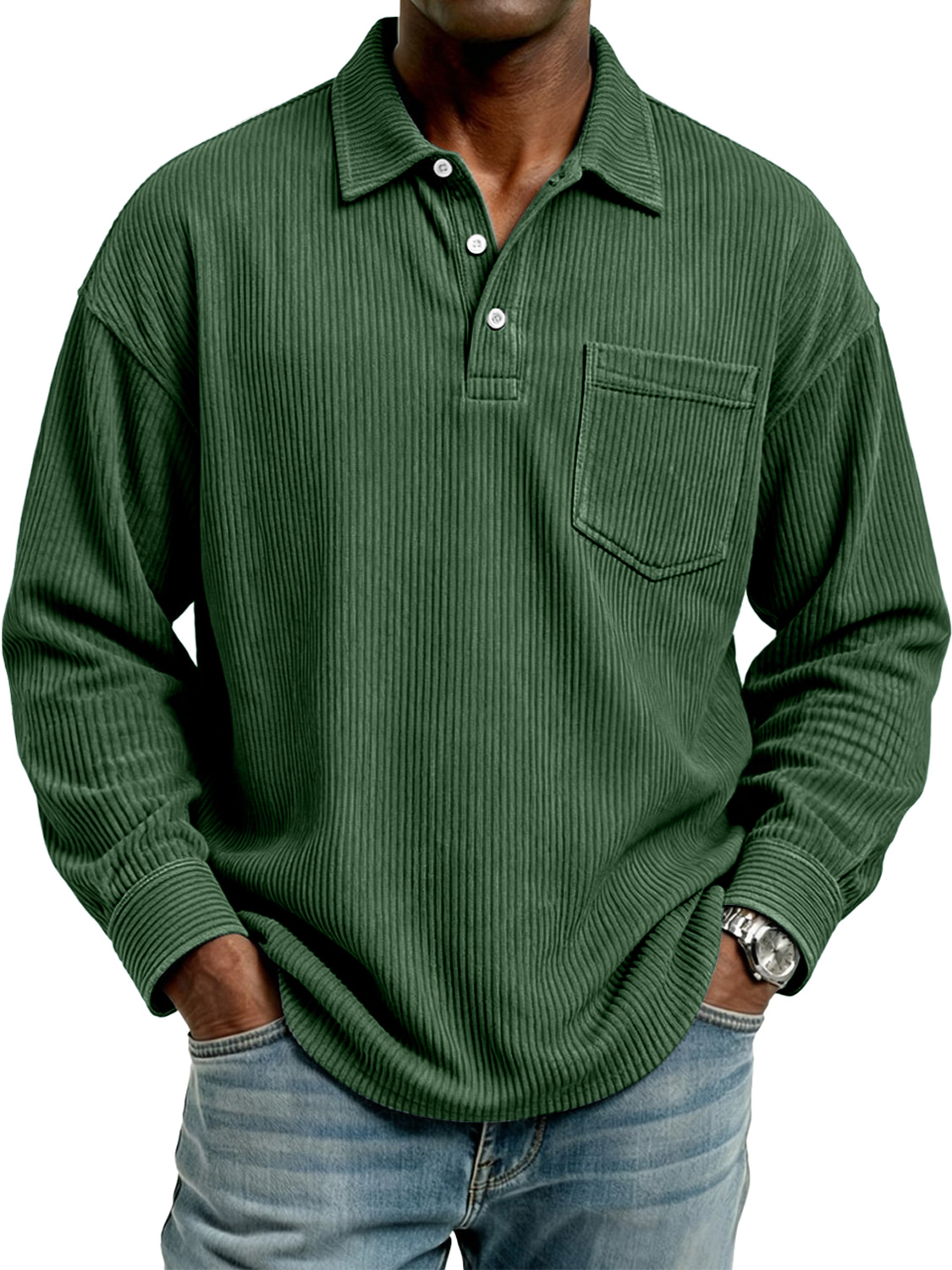 Men's Retro Corduroy Lapel Button Casual Pocket Long-Sleeve Polo Shirt