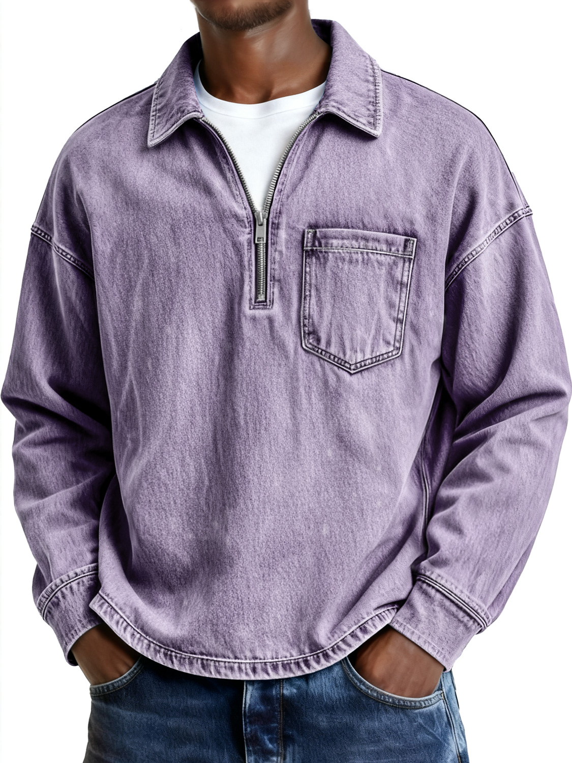 Men's Retro Lapel Zipper Casual Pocket Long-Sleeve Polo Shirt