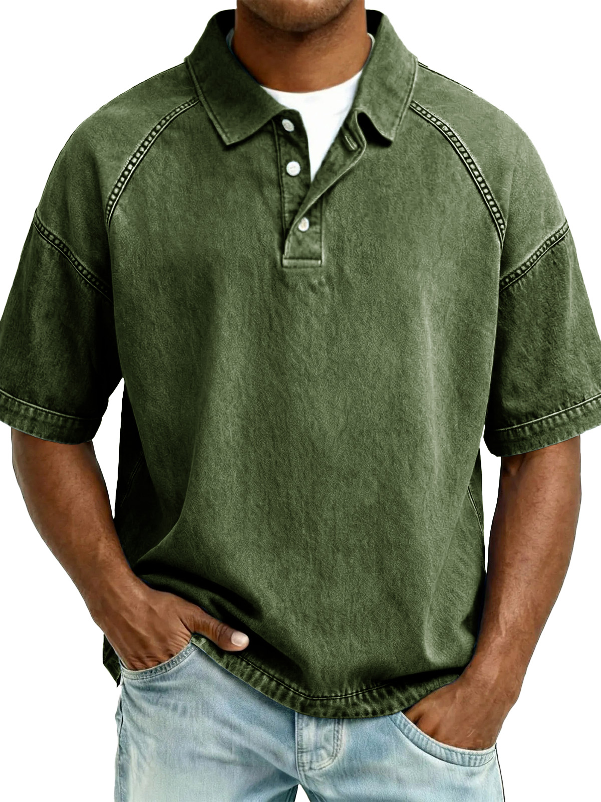 Men's Retro Distressed Raglan Short-Sleeve Polo Shirt