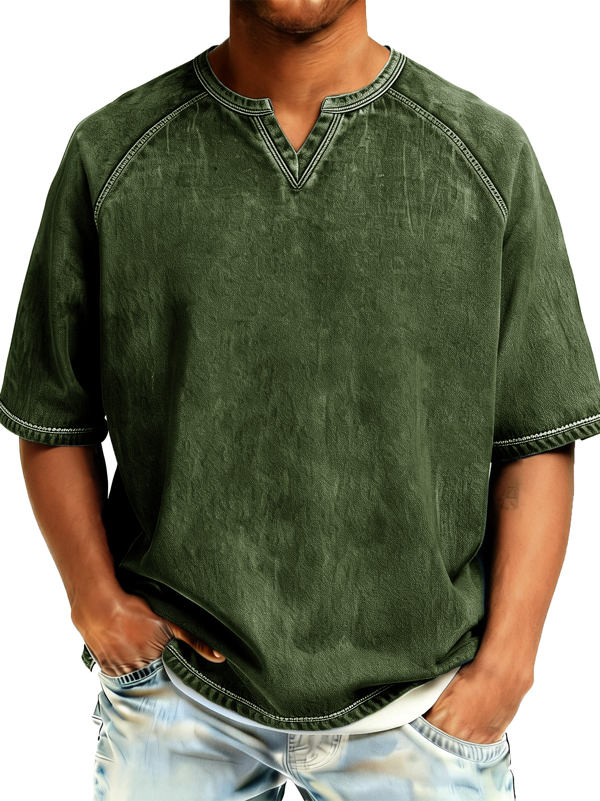 Men's Retro Distressed Raglan V-Neck Short-Sleeve T-Shirt