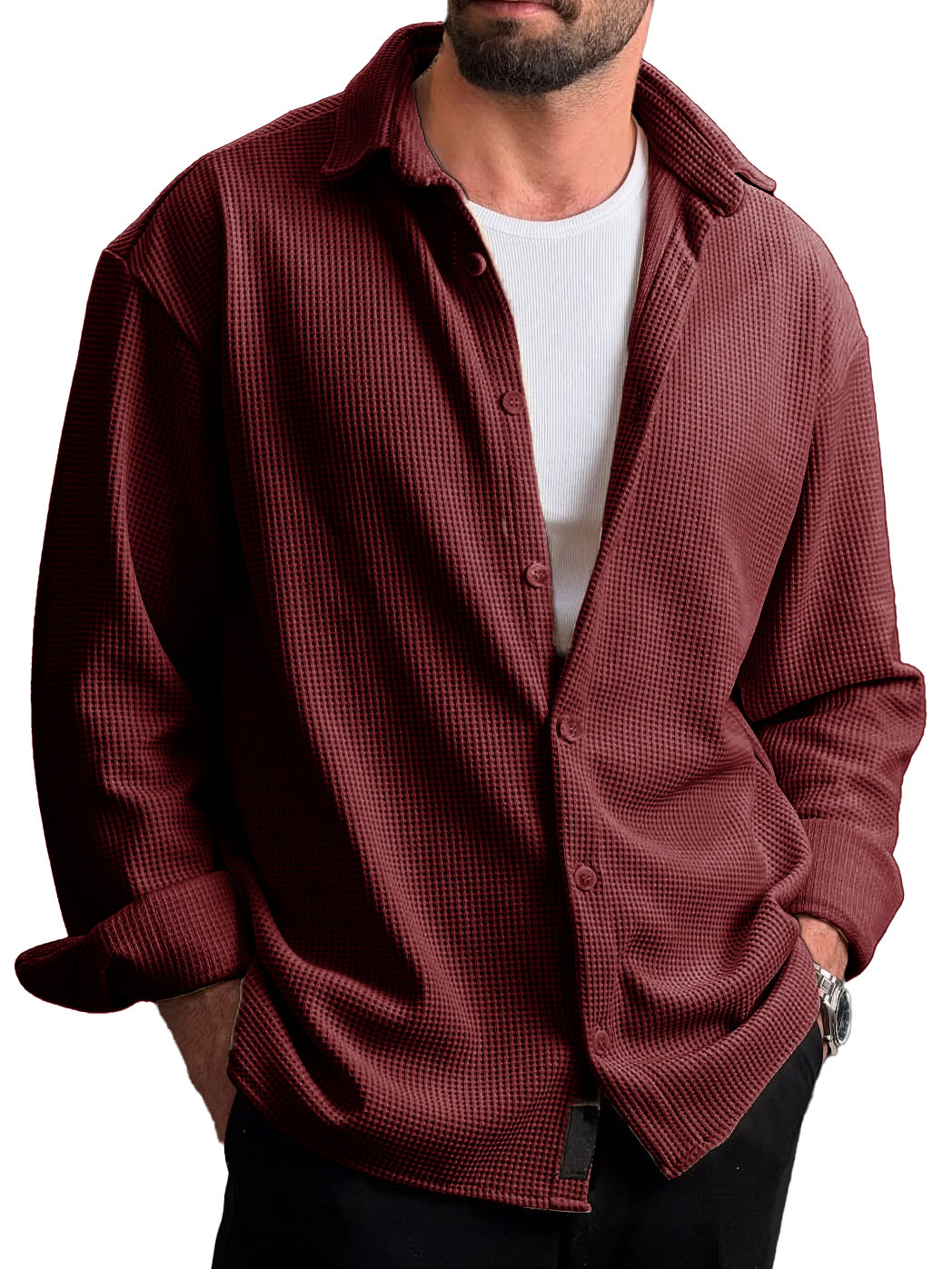 Men's Stylish Everyday Casual Waffle Fabric Lapel Long-sleeved Shirt