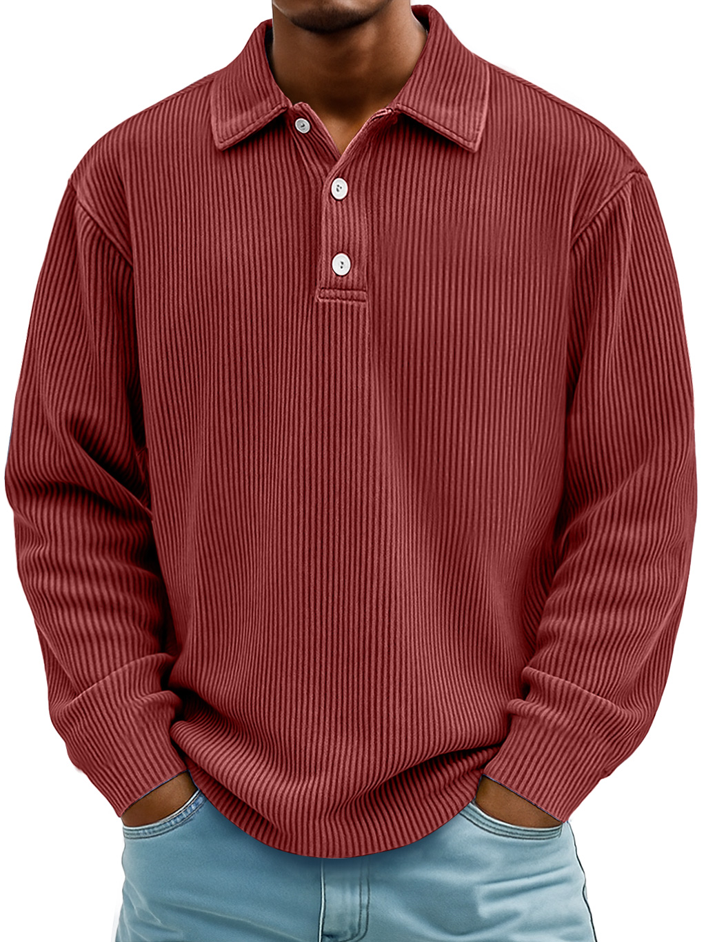Men's Daily Casual Ribbed Lapel Button-down Loose Long-sleeved Polo Shirt