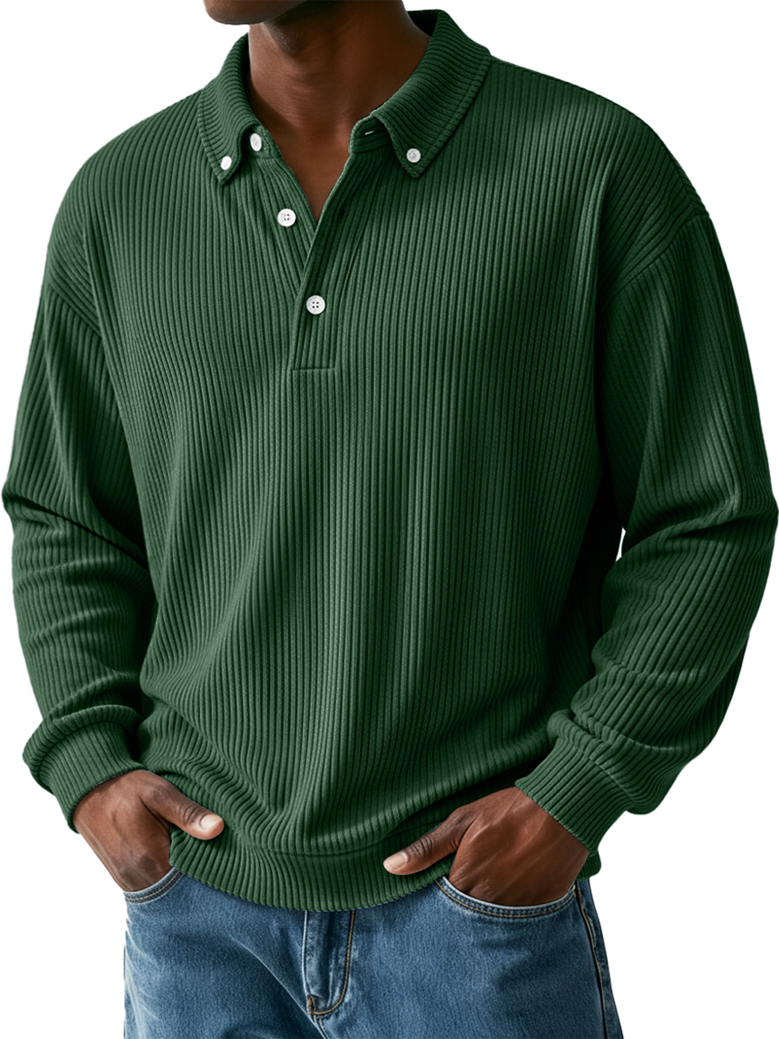 Men's Simple Ribbed Collar Button Casual Long-Sleeve Polo Shirt