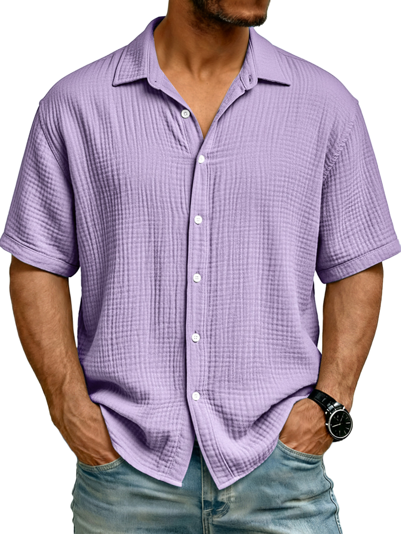 Men's Pure Cotton Comfortable Wrinkled Collar Button Casual Short-sleeved Shirt