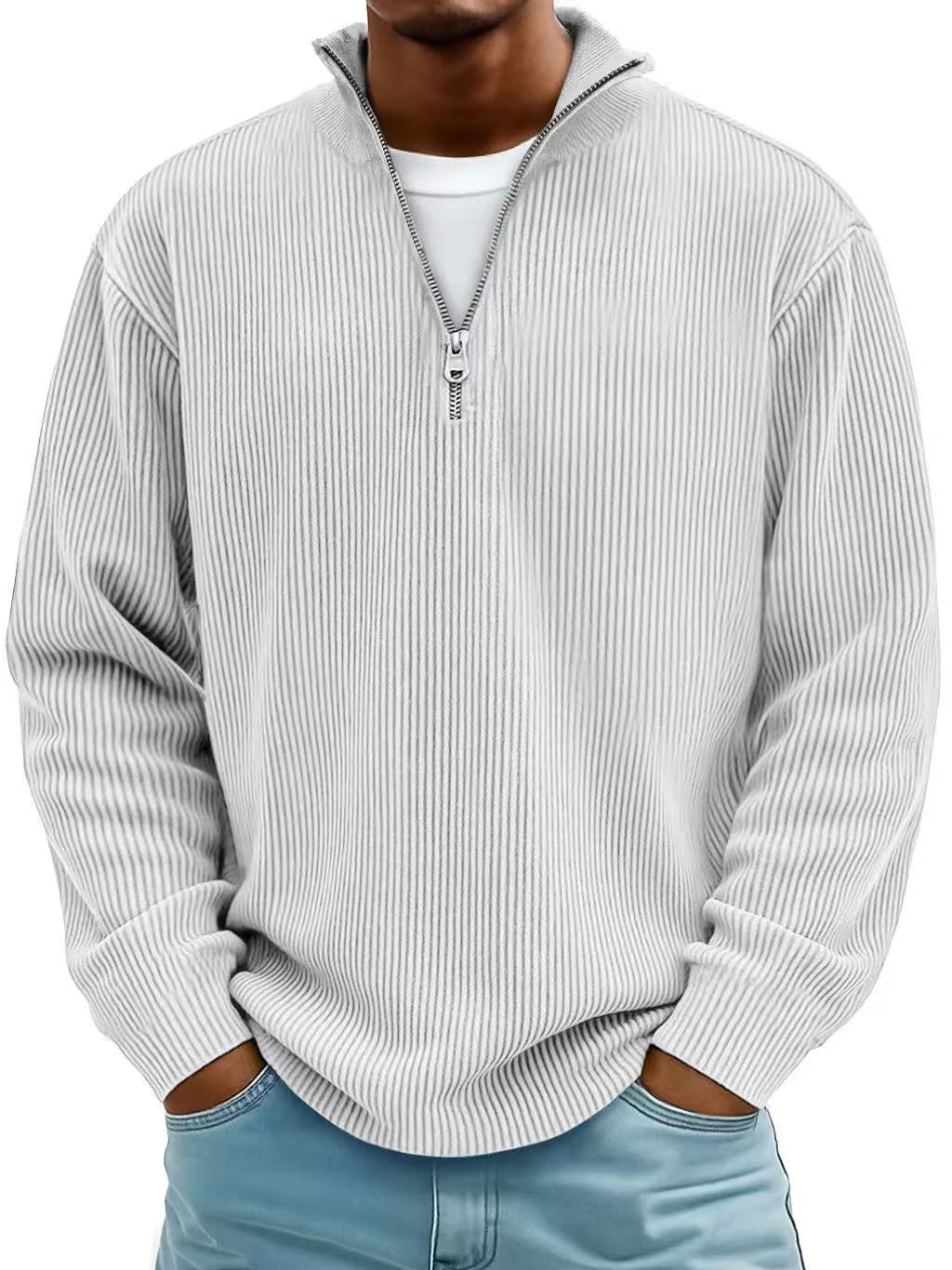 Men's Simple Casual Ribbed Stand-Collar Zip Long-Sleeve Tee