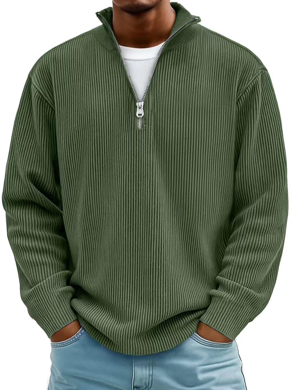 Men's Simple Casual Ribbed Stand-Collar Zip Long-Sleeve Tee