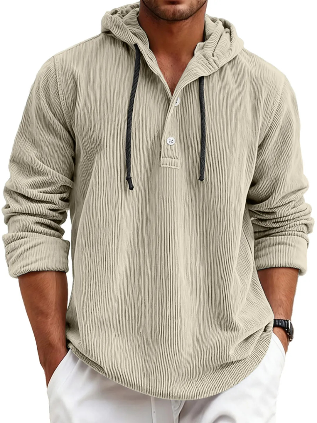 Men's striped pearl cotton half-shirt with hood and button-down design