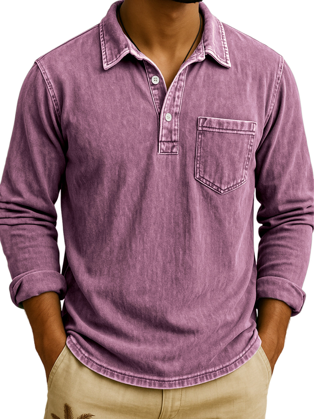 Men's Vintage Long Sleeve Polo Shirt with Chest Pocket