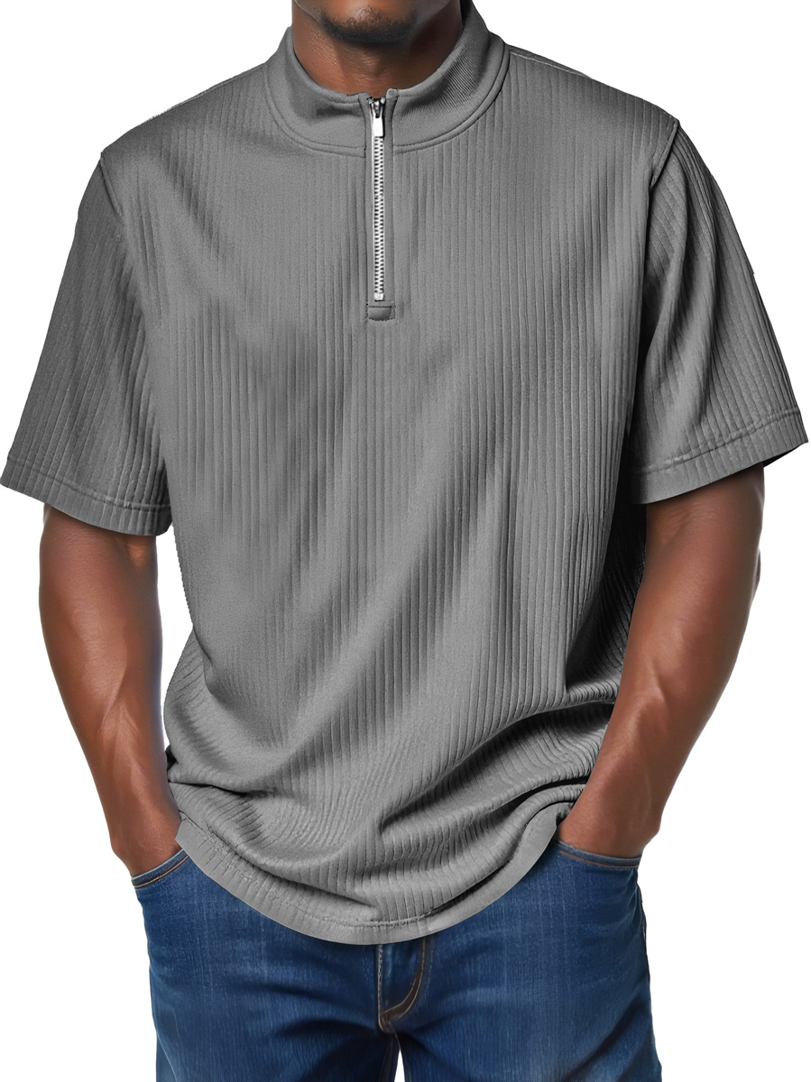 Men's Fashion Stand Collar Zipper Ribbed Texture Casual Comfort Short Sleeve T-shirt
