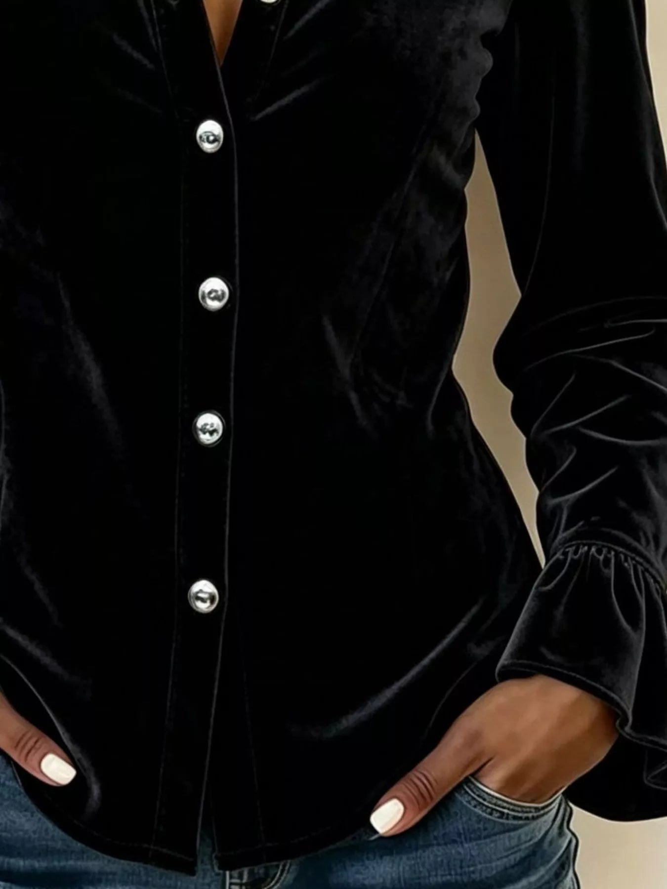 Parisian-Inspired Flounce Sleeve Button-Up Shirt