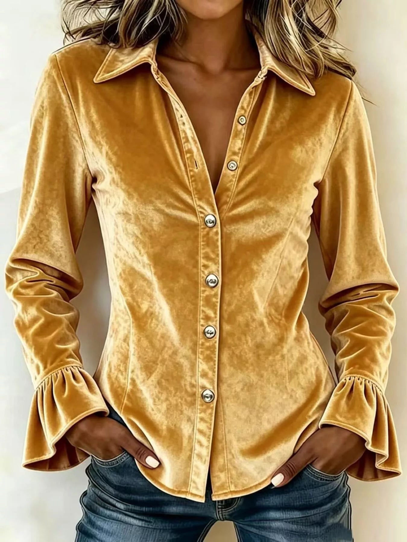Parisian-Inspired Flounce Sleeve Button-Up Shirt