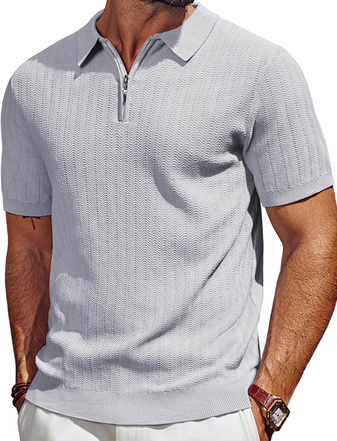 Men's Polo Shirts Quarter Zip Textured Knit Shirts Summer Shirt