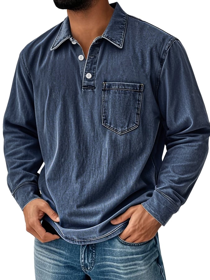 Men's Vintage Washed Distressed Pocket Polo Shirt